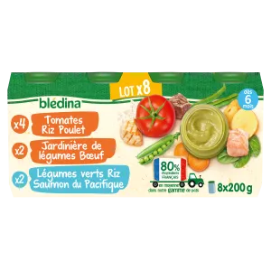 Маленький горшочек для ребенка с 6 месяцев, помидоры, рис, курица, овощная кашпо, говядина и зеленые овощи, лосось, рис 8*200г - BLEDINA