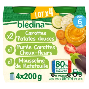 Petit pot bébé dès 6 mois carottes patates douces, purée carottes choux-fleurs et mousseline de ratattouille 4x200g - BLEDINA