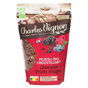 Céréales muesli croustillant chocolat fruits rouges Bio 375g - CHARLES VIGNON