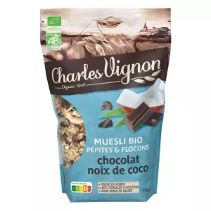 Céréales muesli pépites et flocons chocolat noix de coco Bio 375g - CHARLES VIGNON