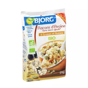 Flocons d'avoine 4 grains et raisins BIO 375g - BJORG