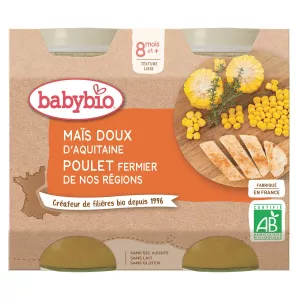 Petit pot bébé dès 8 mois, maïs poulet 2x200g - BABYBIO