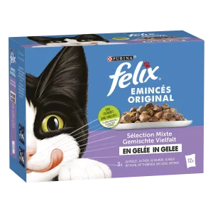 Chakula cha Paka Wazima katika Kuku Waliokatwa Jelly, Jodari na Salmon 12x85g - PURINA FELIX