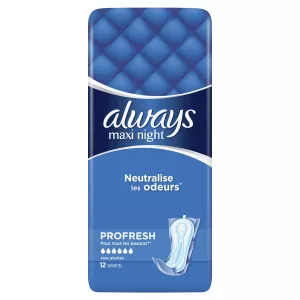 Serviettes Hygiéniques sans Ailettes Profresh Maxi Night x12 -  ALWAYS