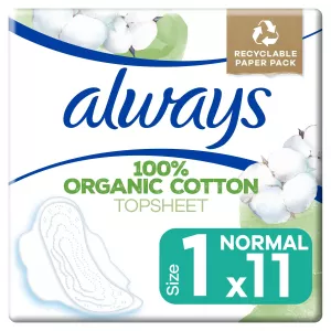 Serviettes Hygiéniques avec Ailettes Voile Supérieur 100% Coton Bio Normal Taille 1 x11 - ALWAYS
