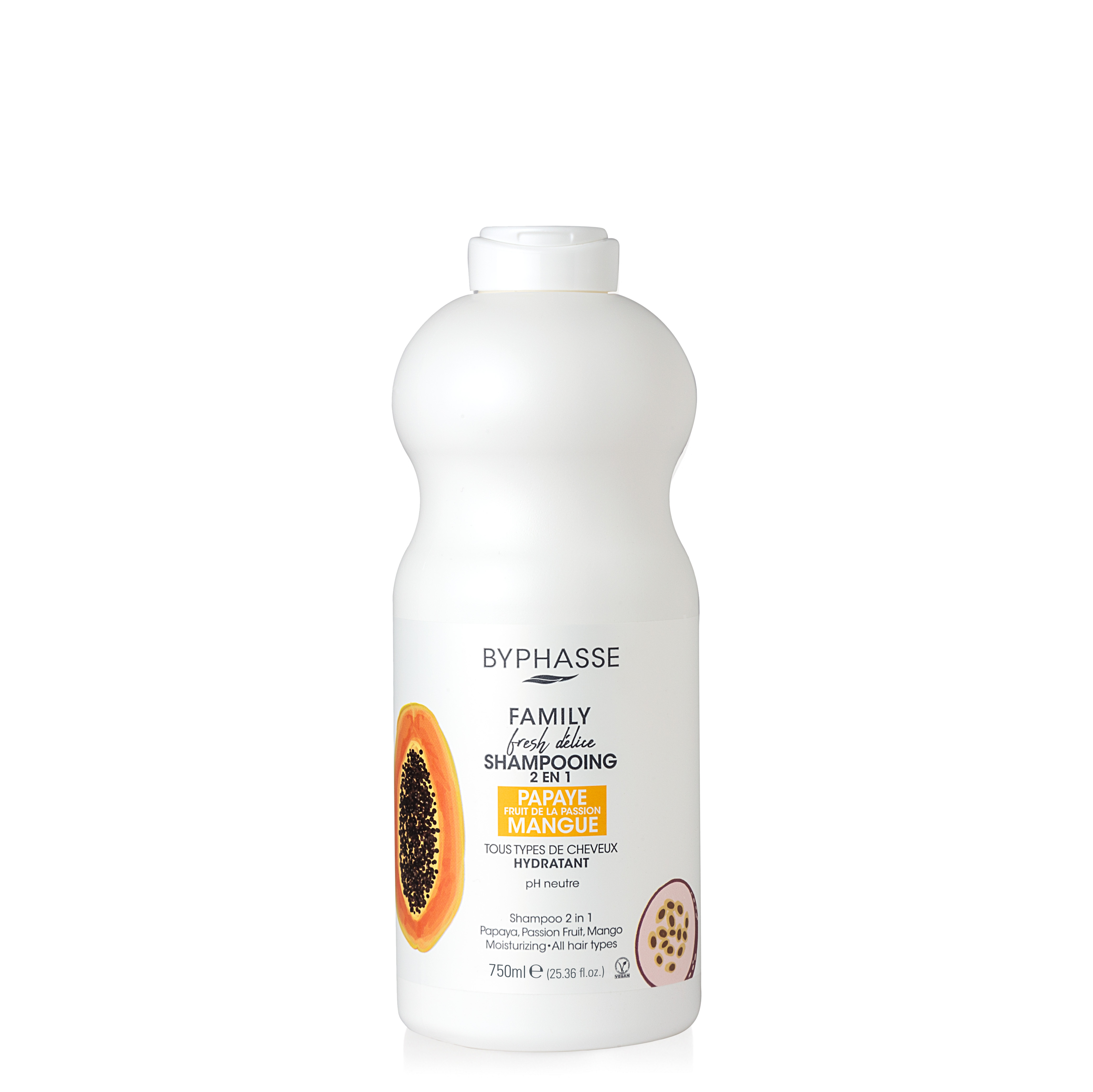 Family Fresh Delice Shampooing 2 En 1 Papaye. Fruit De La Passion & Mangue Tous Types De Cheveux 750ml - BYPHASSE